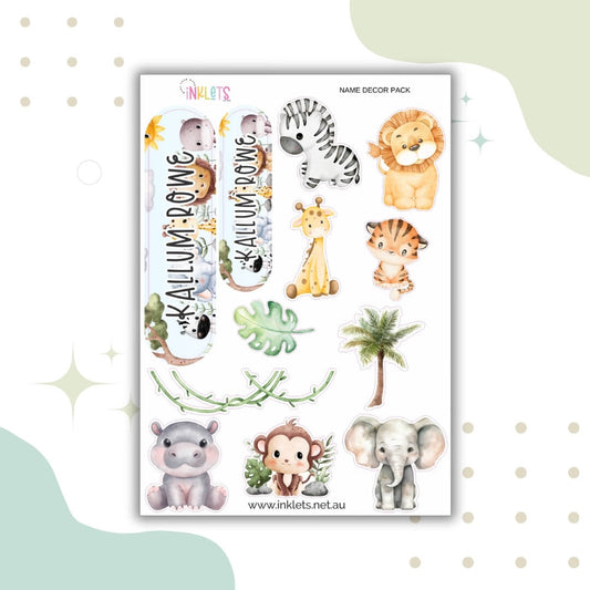 Jungle-themed sticker sheet featuring cute animal designs for labelling lunch boxes, books, and bottles in soft colours.