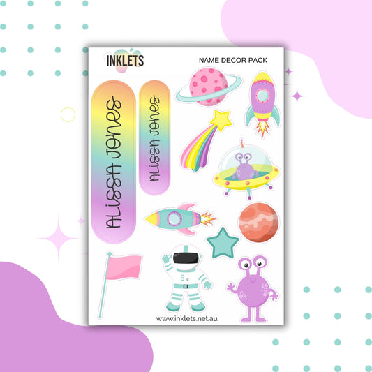 Space Blast Pink Name Decor Sheets
