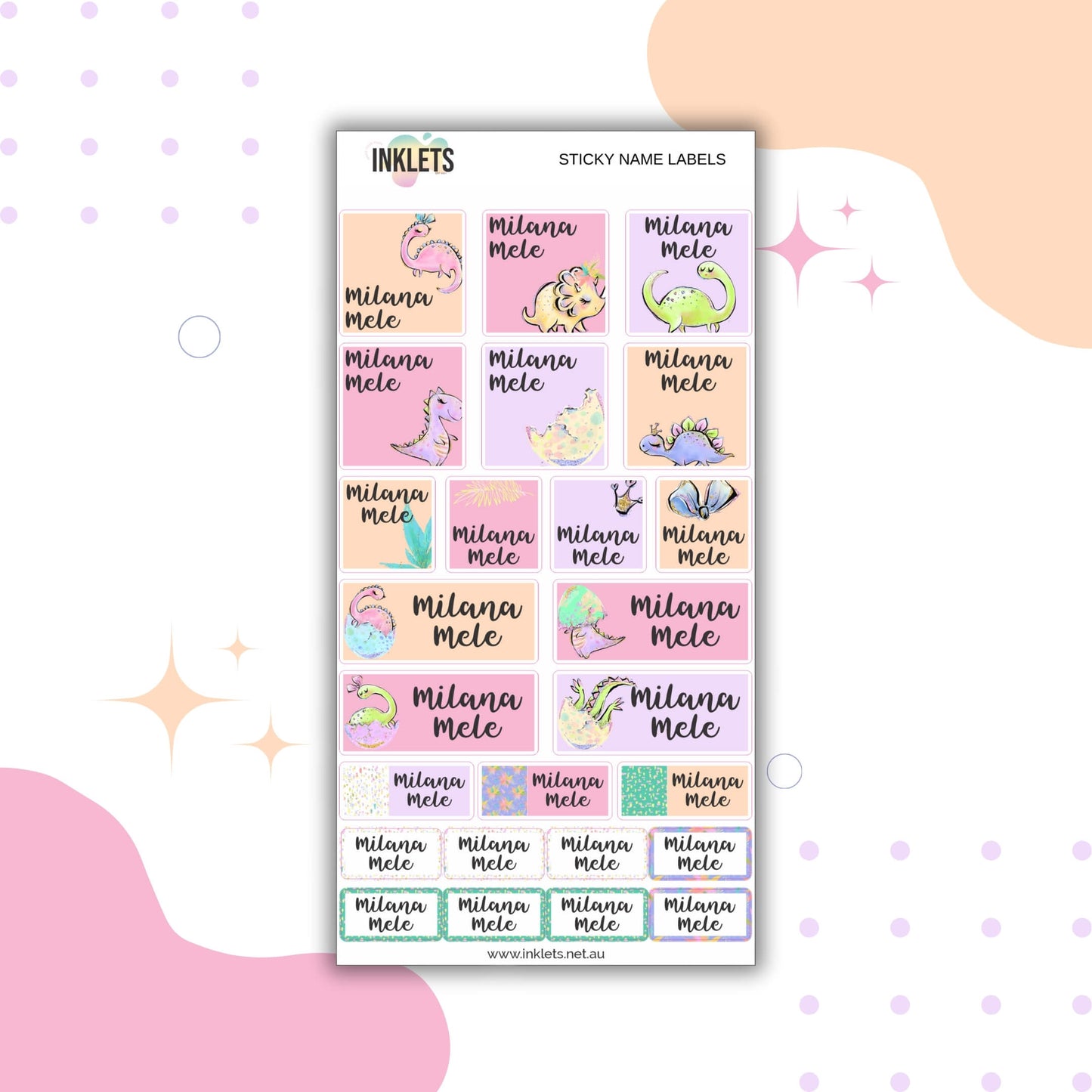 Pink Dinos Name Label Sheet